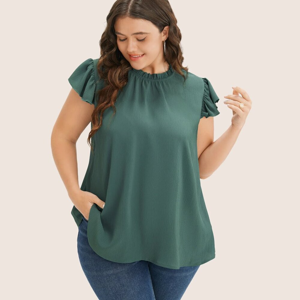 NWT BloomChic Mint Plain Mock Neck Cap Sleeve Ruffle Trim Blouse Size 26/4X - Picture 4 of 10